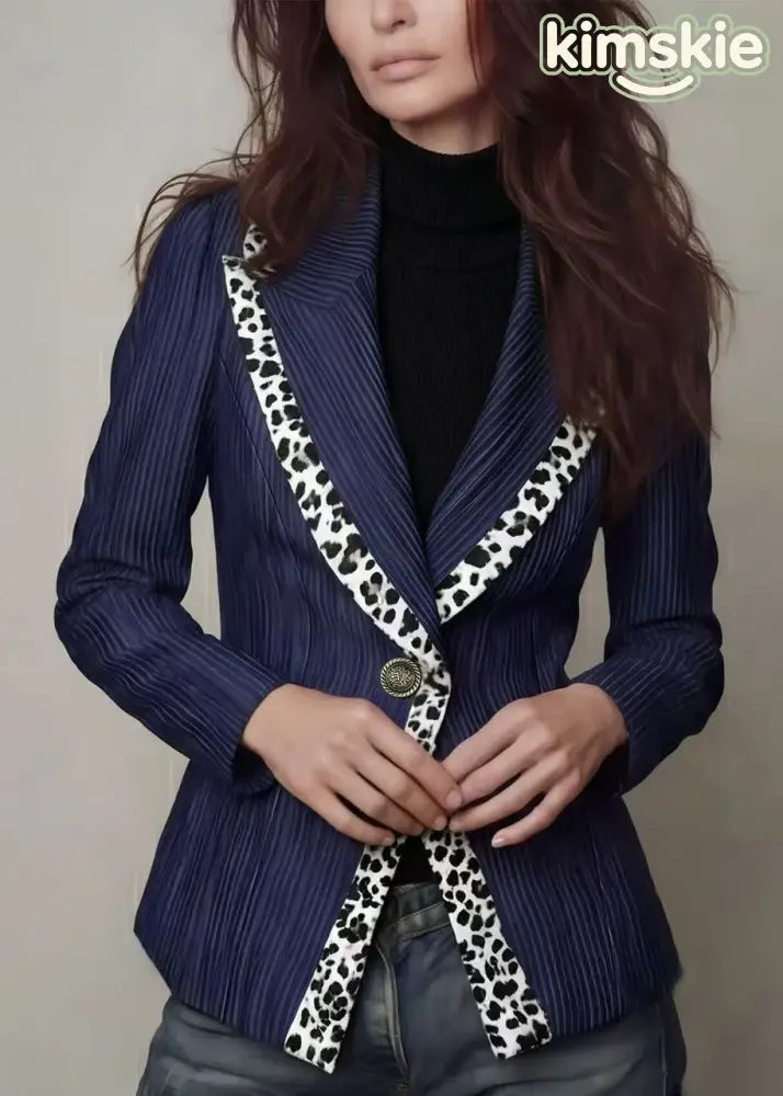 Women Navy Peter Pan Collar Striped Patchwork Cotton Suit Coats Fall