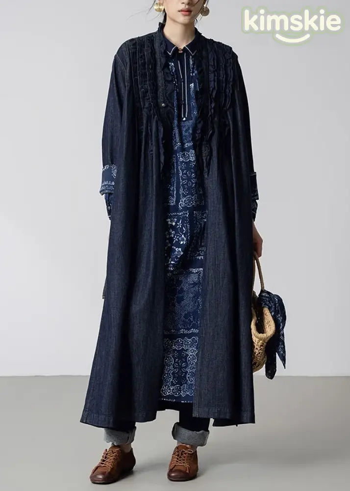 Women Navy Ruffled Pockets Patchwork Denim Trench Fall