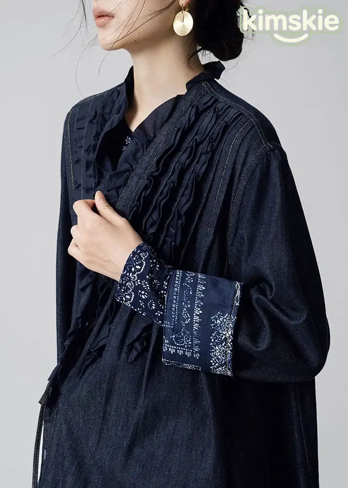 Women Navy Ruffled Pockets Patchwork Denim Trench Fall