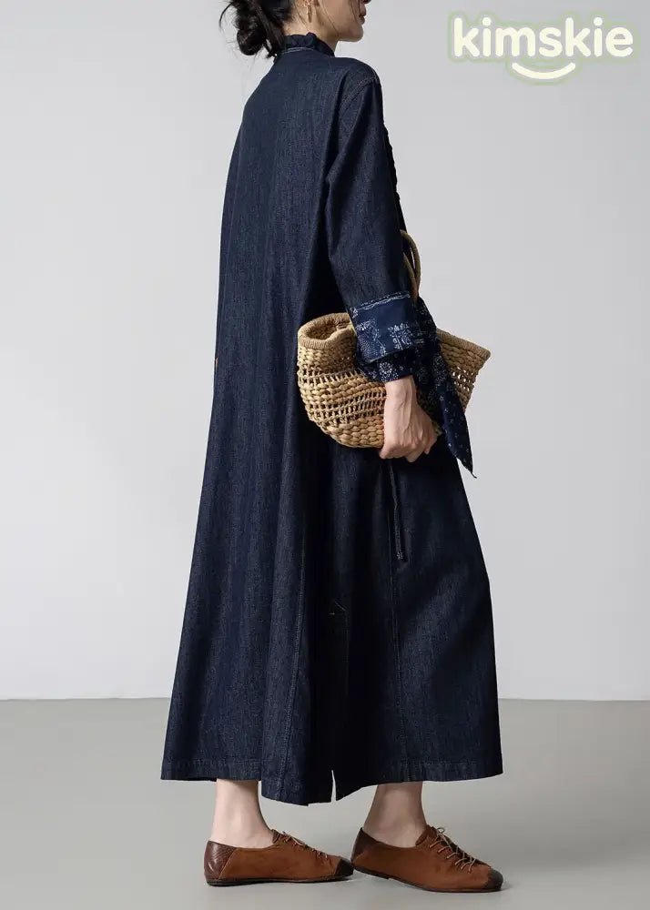 Women Navy Ruffled Pockets Patchwork Denim Trench Fall