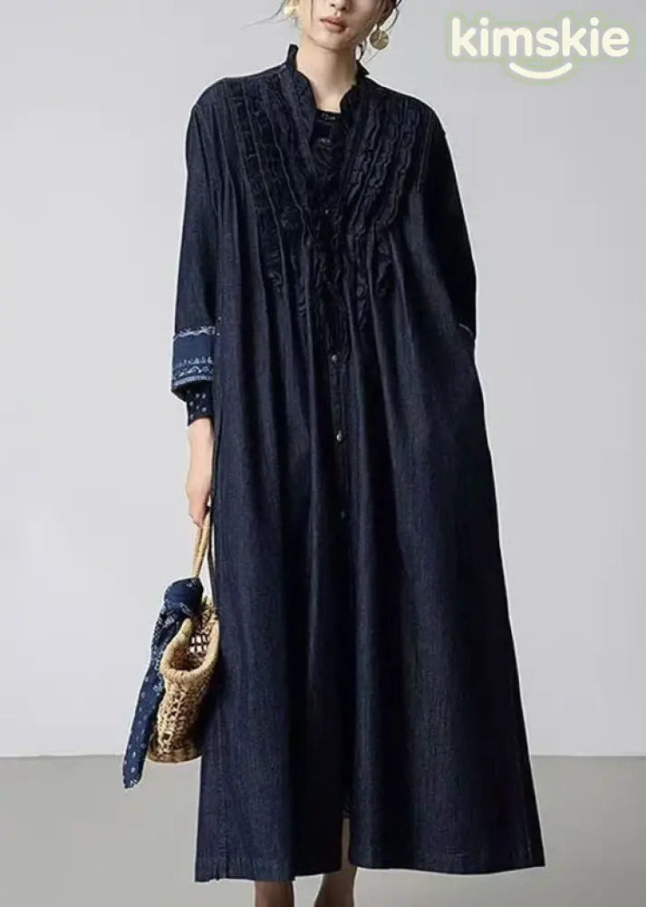 Women Navy Ruffled Pockets Patchwork Denim Trench Fall