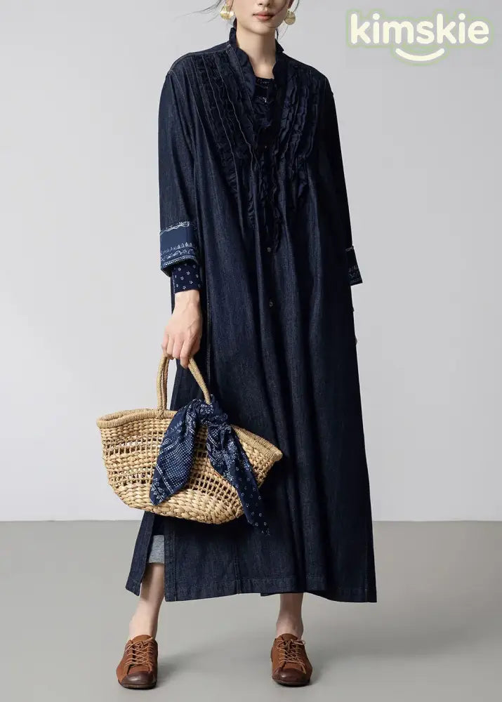 Women Navy Ruffled Pockets Patchwork Denim Trench Fall