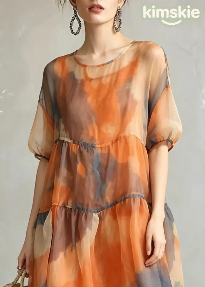 Women Orange O-Neck Tulle Long Dress And Vest Two-Piece Set Summer