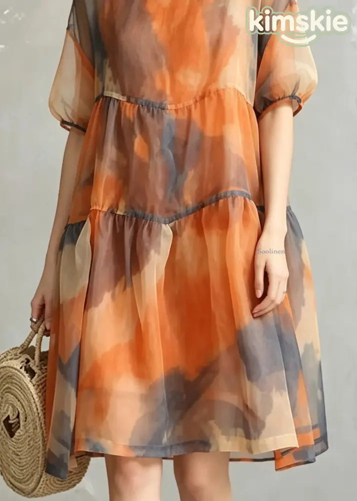 Women Orange O-Neck Tulle Long Dress And Vest Two-Piece Set Summer