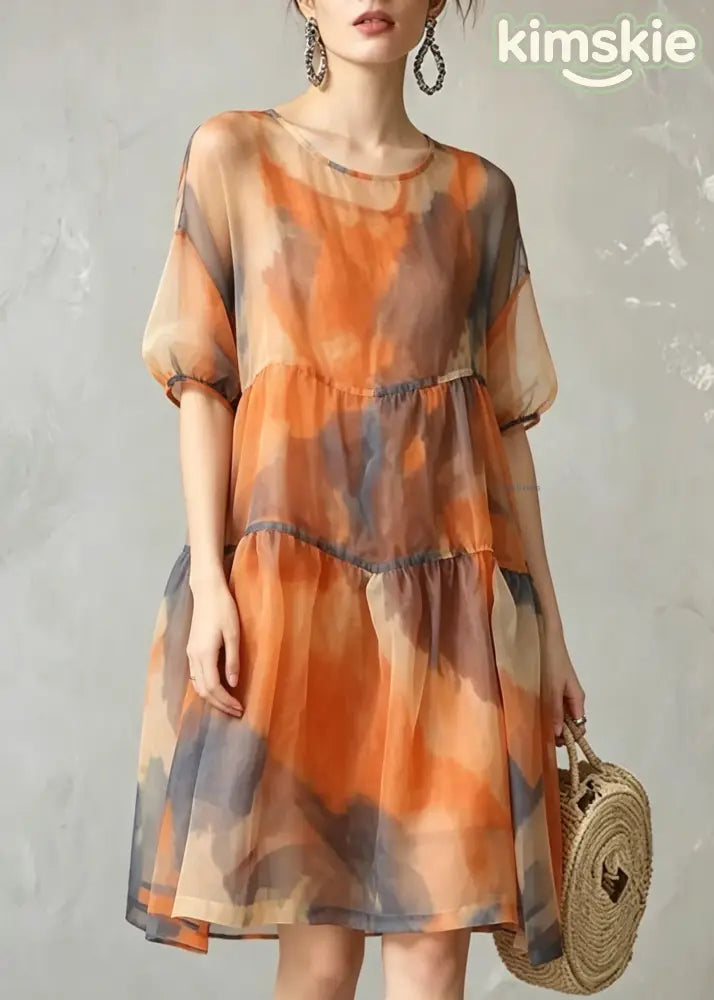 Women Orange O-Neck Tulle Long Dress And Vest Two-Piece Set Summer