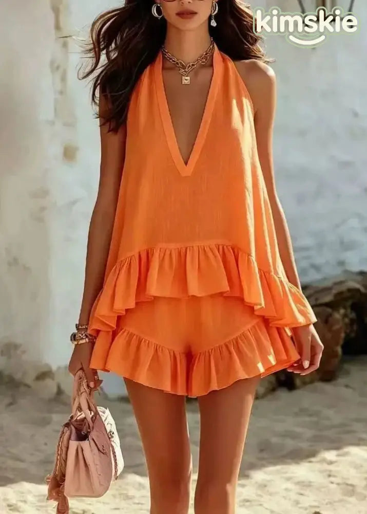 Women Pink V Neck Ruffled Patchwork Cotton Two Piece Set Sleeveless