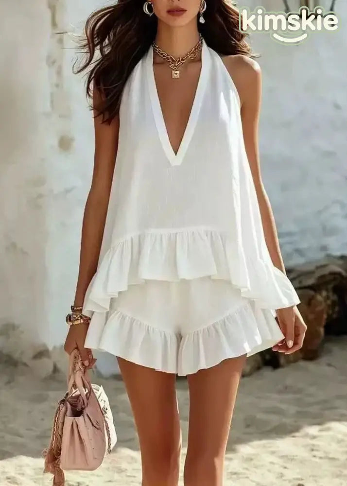Women Pink V Neck Ruffled Patchwork Cotton Two Piece Set Sleeveless