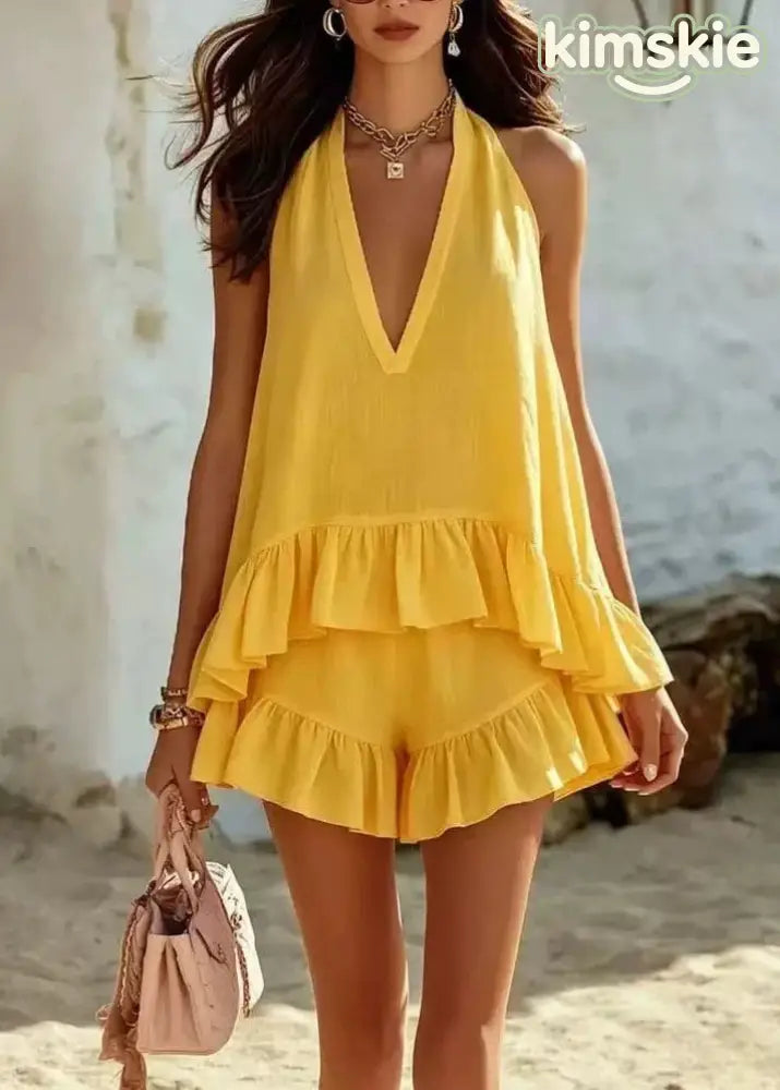 Women Pink V Neck Ruffled Patchwork Cotton Two Piece Set Sleeveless