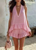 Women Pink V Neck Ruffled Patchwork Cotton Two Piece Set Sleeveless
