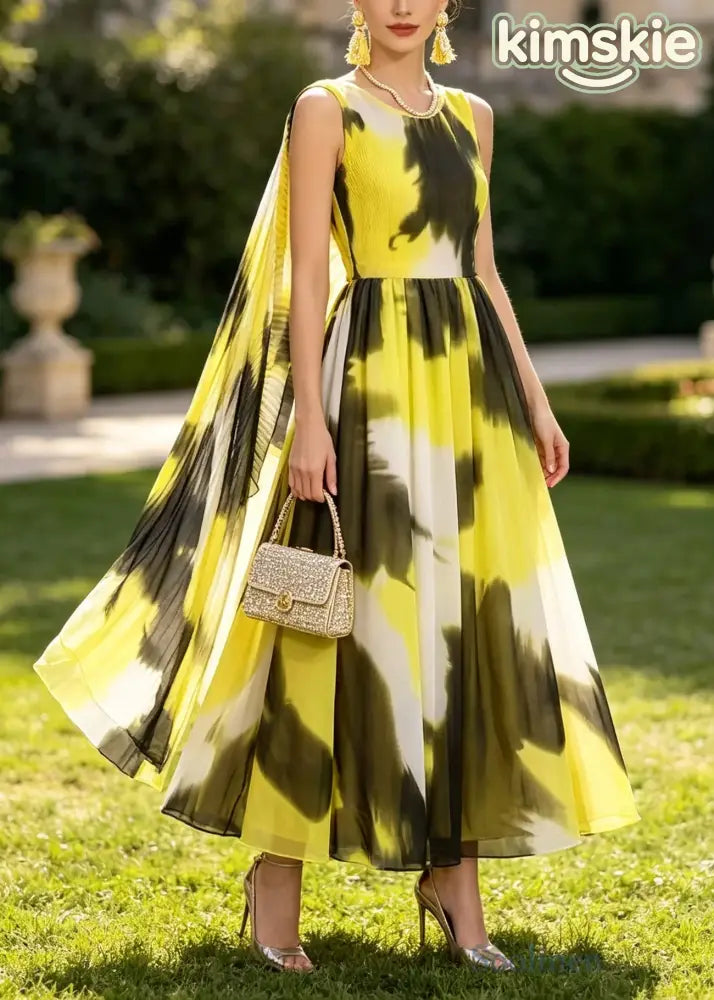 Women Yellow O Neck Tie Dye Cape Dress Chiffon Two Pieces Set Summer