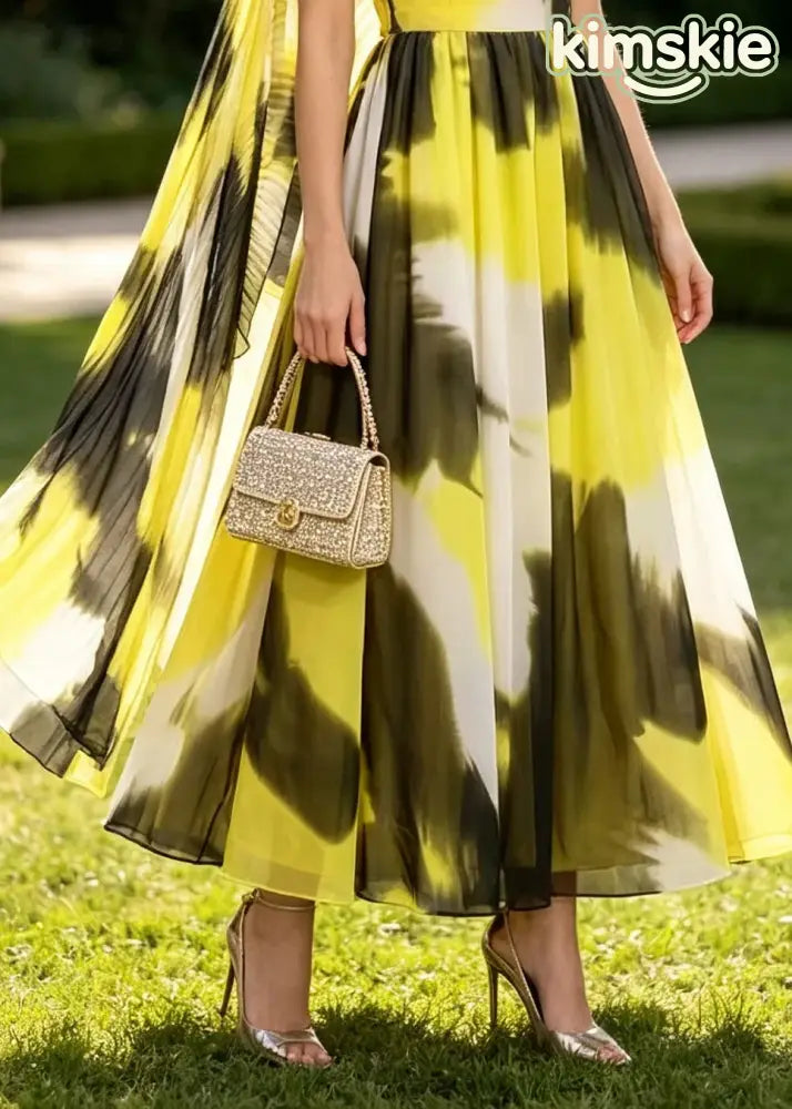 Women Yellow O Neck Tie Dye Cape Dress Chiffon Two Pieces Set Summer